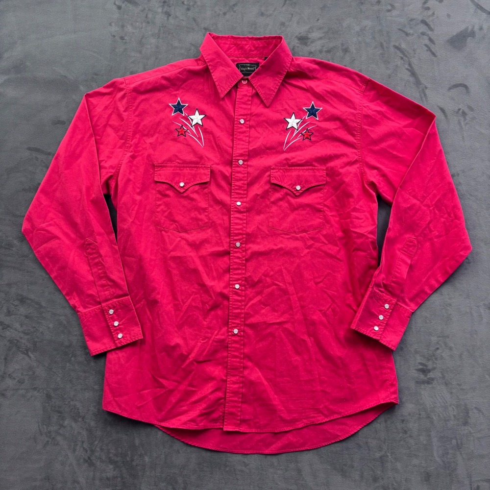 High Noon Mens Red Western Pearl Snap Shirt Star Embroidered Long Sleeve L